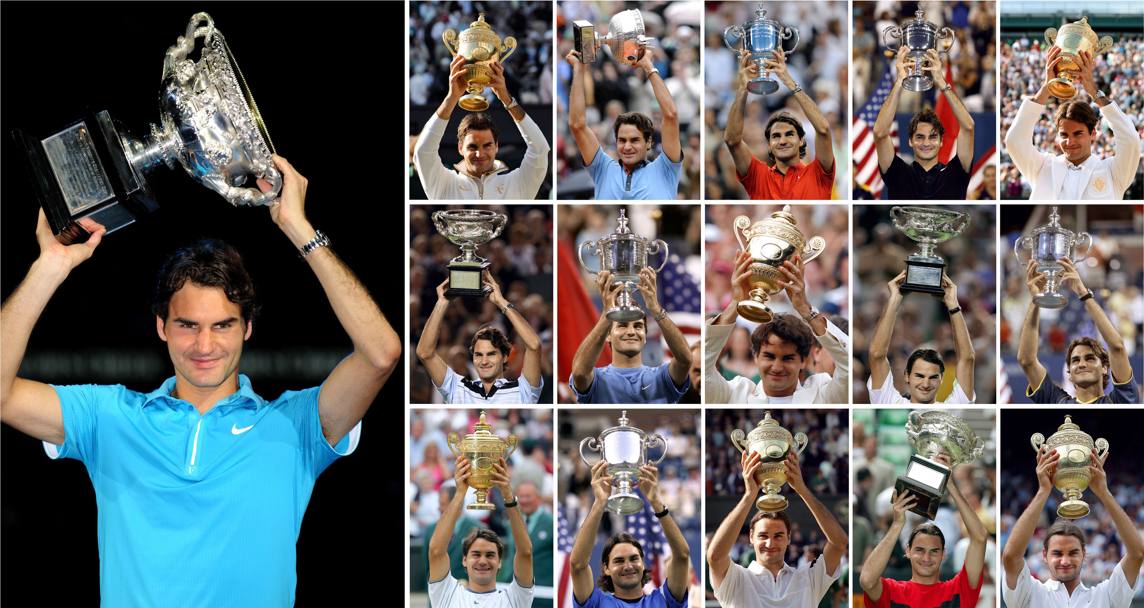 Roger Federer si avvicina a grandi passi verso il il record di Jimmy Connors (1253). Eccolo ritratto con 16 dei suoi 18 Slam conquistati